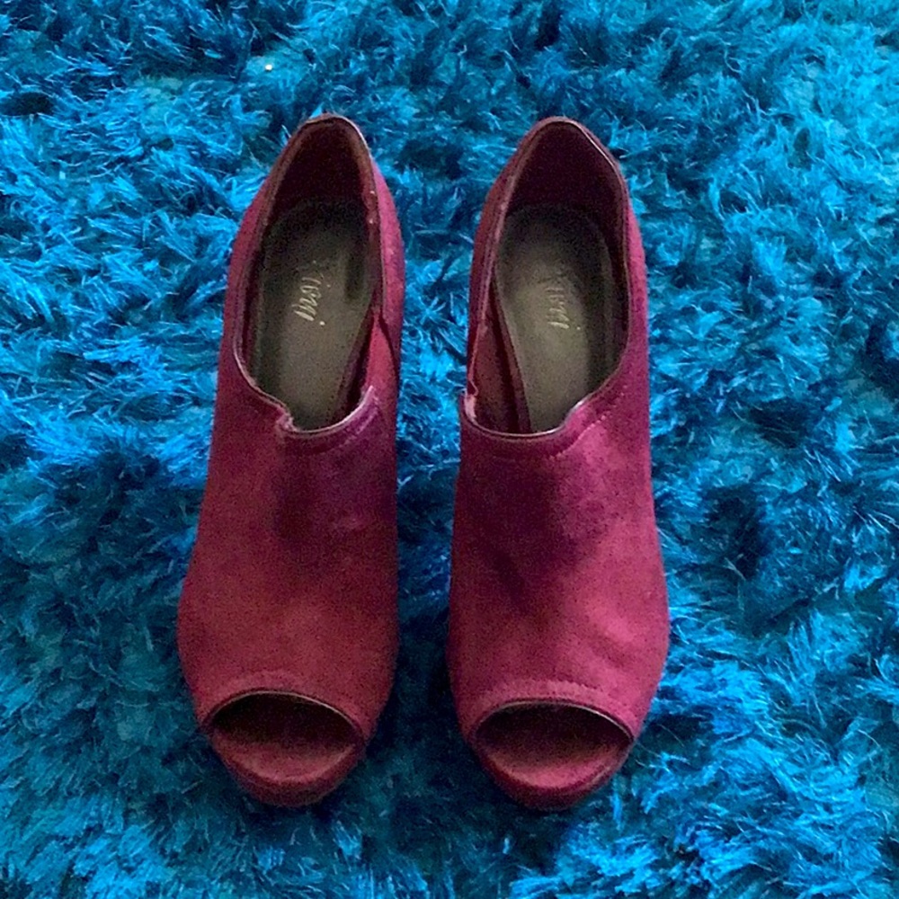 Raspberry color suede peep toe heels